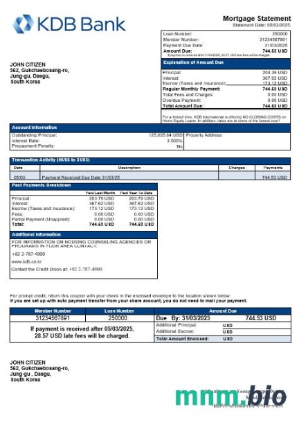 Korea Południowa KDB Bank wyciąg z kredytu hipotecznego w formatach Word i PDF